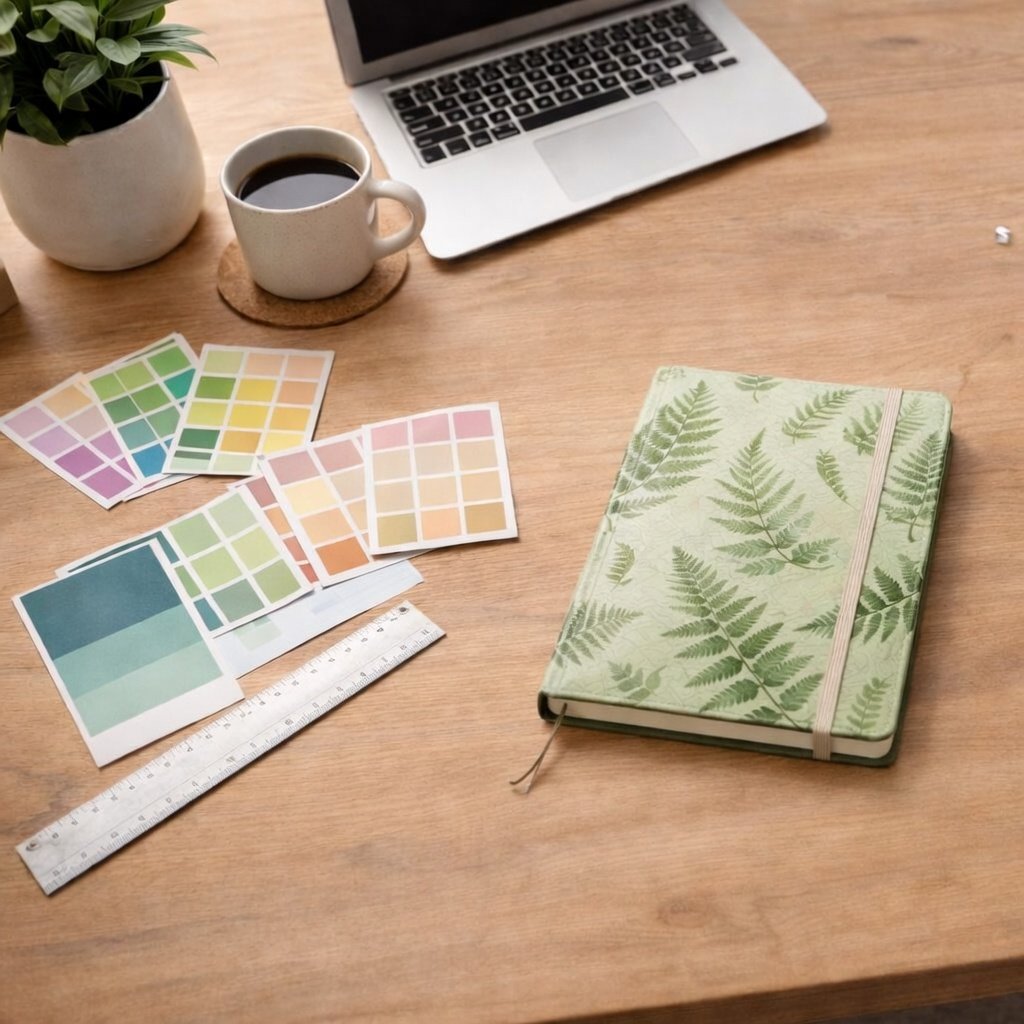 Creative planning workspace with laptop, color swatches, and planning materials representing a fully custom website build from the ground up. Represents structured, hand-built web solutions designed to match a specific brand and business model.